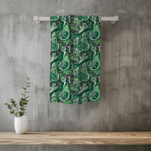 緑と灰色のペイズリーパターン バスタオルセット