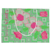 緑と灰色の花が咲くピンク ラージペーパーバッグ (裏面)