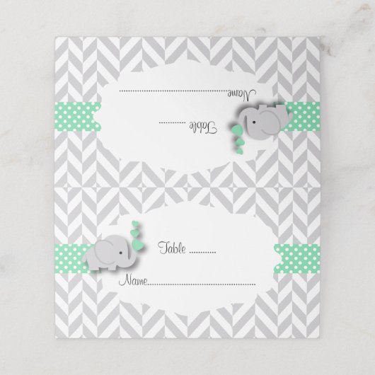 緑と灰色の象の赤ちゃんシャワー | 両面 プレイスカード (外部開封)
