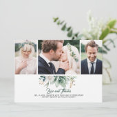 緑と白いバラの結婚写真を吸う サンキューカード (スタンド正面)