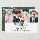 緑と白いバラの結婚写真を吸う サンキューカード (正面/裏面)