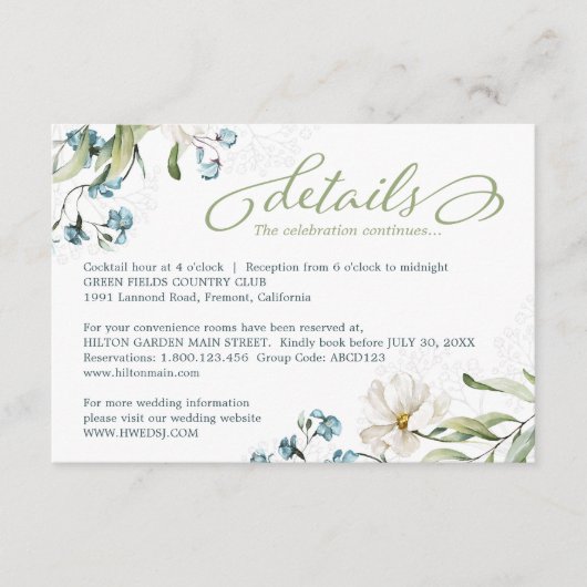 緑と白い花のエレガントな結婚式 エンクロージャーカード (正面)