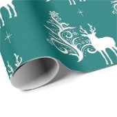緑と白に様式化された木を持つ白い鹿 ラッピングペーパー (ロールコーナー)