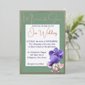 緑と白に紫の結婚花 箔招待状 (立ち正面)