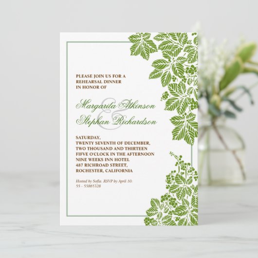 緑と白のぶどう園のリハーサルディナー招待状 招待状 (スタンド正面)