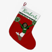 緑と白のアフリカ系アメリカ人チアリーダー ラージクリスマスストッキング (正面 (吊り時))