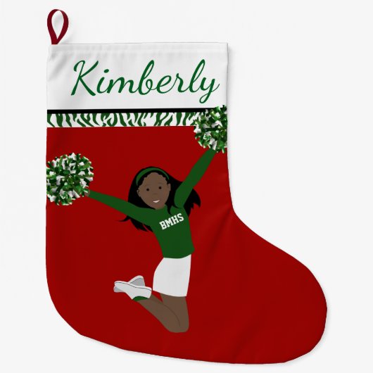 緑と白のアフリカ系アメリカ人チアリーダー ラージクリスマスストッキング (正面)