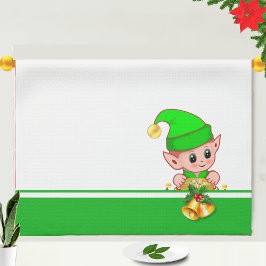 緑と白のクリスマスの鐘と可愛い妖精 キッチンタオル