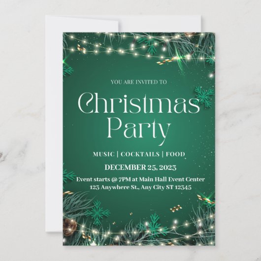 緑と白のクリスマスエレガントパーティの招待状 シーズンカード (正面)