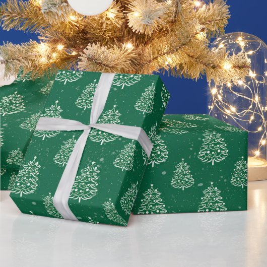 緑と白のクリスマスツリーパターン ラッピングペーパー (クリスマス)