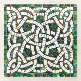 緑と白のケルト結び目模様石モザイク ガラスコースター