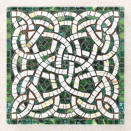 緑と白のケルト結び目模様石モザイク ガラスコースター (正面)