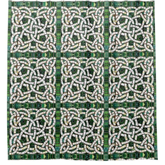 緑と白のケルト結び目模様石モザイク シャワーカーテン (正面)