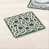 緑と白のケルト結び目模様石モザイク スクエアペーパーコースター (アングル)