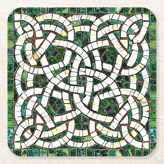 緑と白のケルト結び目模様石モザイク スクエアペーパーコースター (正面)