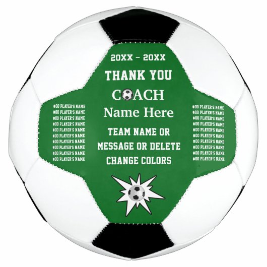 緑と白のサッカーコーチからの贈り物ありがとう。 サッカーボール (正面)