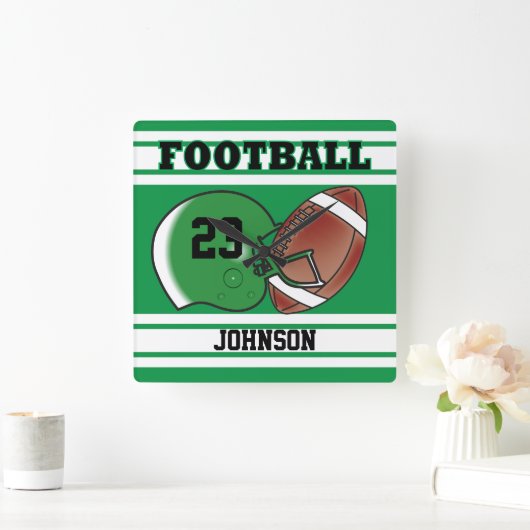 緑と白のサッカースポーツ |カスタマイズ スクエア壁時計 (ホーム)