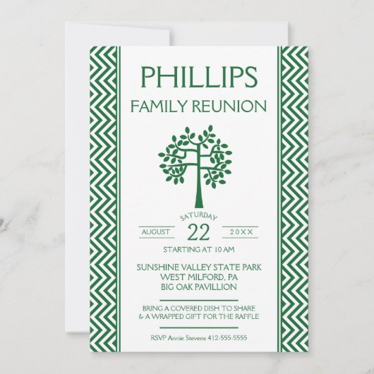 緑と白のジグザグファミリの懇親会発表 招待状 (正面)