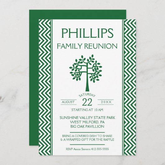 緑と白のジグザグファミリの懇親会発表 招待状 (正面/裏面)