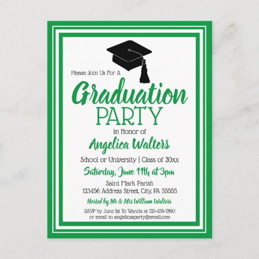 緑と白のスクールカラーズグラードパーティー インビテーションポストカード (正面)