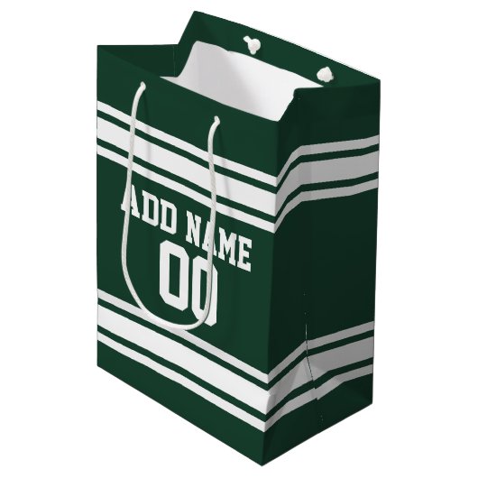 緑と白のスポーツストライプのジャージパーソナライズされたー ミディアムペーパーバッグ (正面アングル)