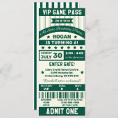 緑と白のスポーツチームチケット誕生日パーティー 招待状 (正面/裏面)