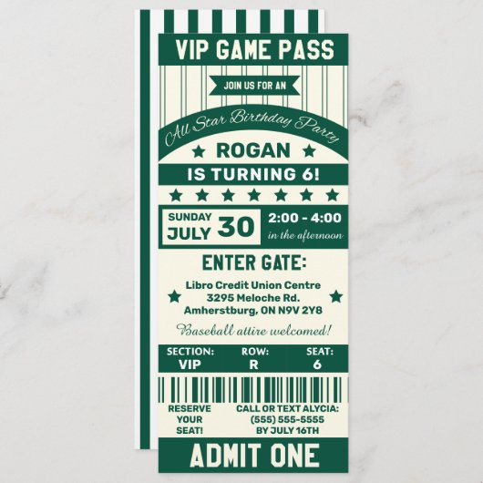 緑と白のスポーツチームチケット誕生日パーティー 招待状 (正面/裏面)