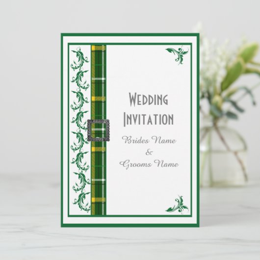 緑と白のタータンチェックの伝統的結婚格子模様 招待状 (スタンド正面)