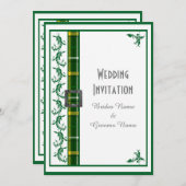 緑と白のタータンチェックの伝統的結婚格子模様 招待状 (正面/裏面)