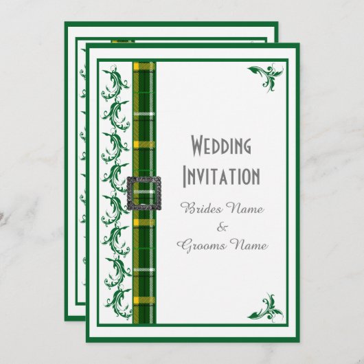 緑と白のタータンチェックの伝統的結婚格子模様 招待状 (正面/裏面)