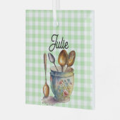 "緑と白のチェック柄 - カップの中のスプーン ガラスオーナメント (正面左)