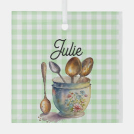 "緑と白のチェック柄 - カップの中のスプーン ガラスオーナメント