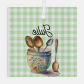 "緑と白のチェック柄 - カップの中のスプーン ガラスオーナメント (裏面)
