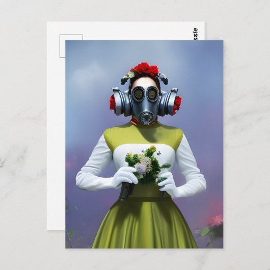 緑と白のドレスを着た女性とガスマスク ポストカード (正面/裏面)