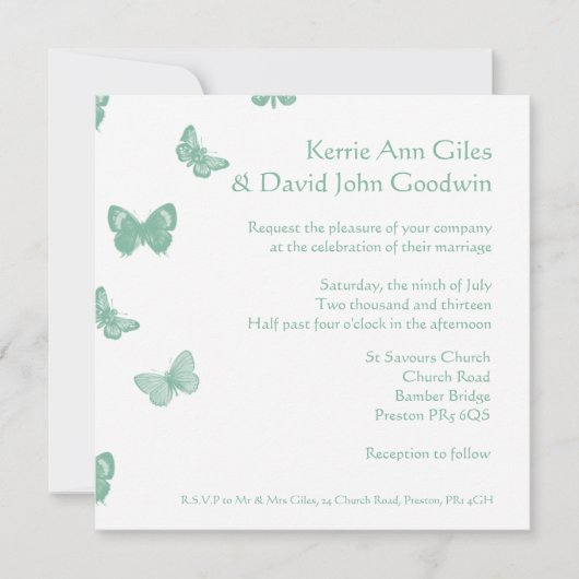緑と白のバタフライ結婚式招待状 招待状 (正面)
