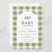 緑と白のバッファローチェックのプレイドベビーシャワー 招待状 (正面/裏面)