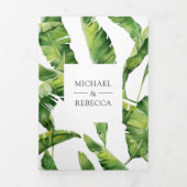 緑と白のバナナ葉のトロピカル結婚ズ 三つ折り招待状 (カバー)