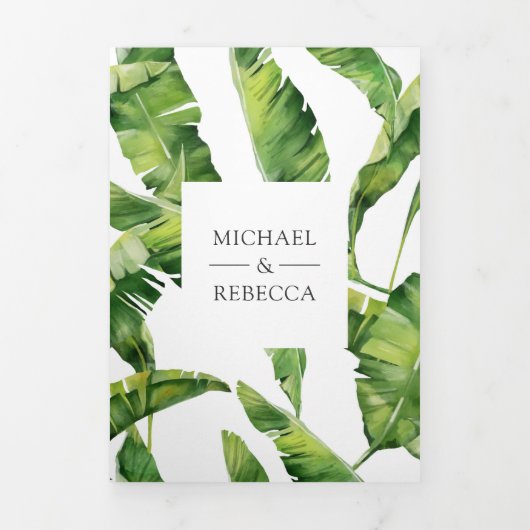 緑と白のバナナ葉のトロピカル結婚ズ 三つ折り招待状 (カバー)