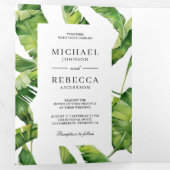 緑と白のバナナ葉のトロピカル結婚ズ 三つ折り招待状 (内部最初)
