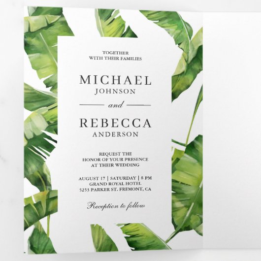 緑と白のバナナ葉のトロピカル結婚ズ 三つ折り招待状 (内部最初)