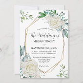 緑と白のバラの金ゴールドフレーム素朴結婚ズ 招待状 (正面)