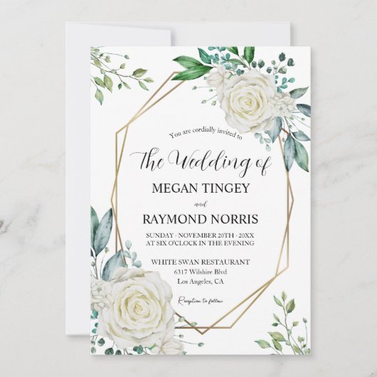 緑と白のバラの金ゴールドフレーム素朴結婚ズ 招待状 (正面)