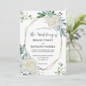 緑と白のバラの金ゴールドフレーム素朴結婚ズ 招待状 (スタンド正面)