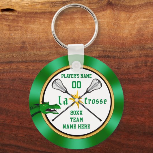 緑と白のパーソナライズされたラクロスキーホルダー キーホルダー (正面)