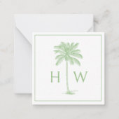 緑と白のパームパルメットツリーモノグラム ノートカード (正面)