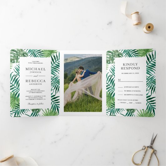 緑と白のパーム葉のトロピカル結婚ス 三つ折り招待状 (内部)