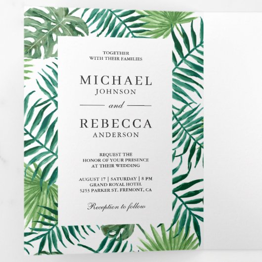 緑と白のパーム葉のトロピカル結婚ス 三つ折り招待状 (内部最初)