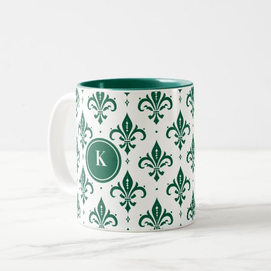 緑と白のフルーアデリスのシームレスなパターン ツートーンマグカップ (正面左)