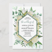 緑と白のフローラと金ゴールド・フレーム 招待状 (正面)