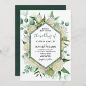 緑と白のフローラと金ゴールド・フレーム 招待状 (正面/裏面)